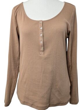 H&M Taupe Ribbed Henley Top Long Sleeve Button Front Fitted Knit Size L